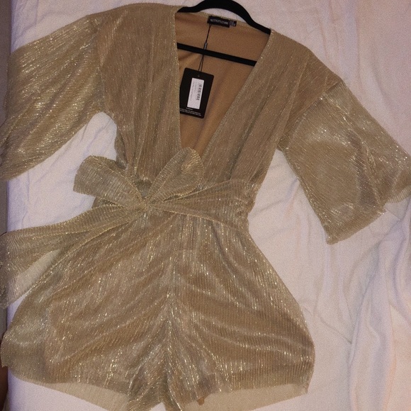 PrettyLittleThing Other - Gold Plisse Tie Front Romper